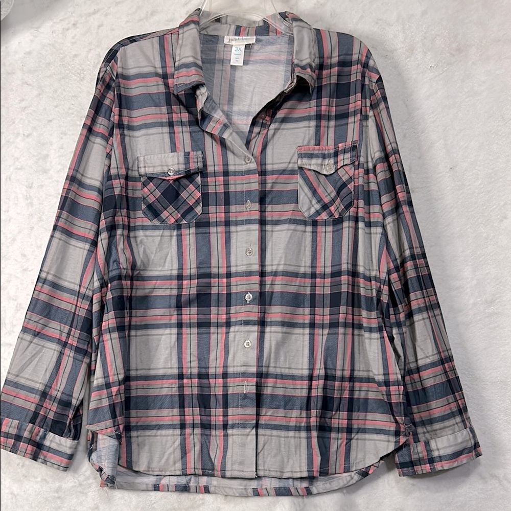 Just Be Pink Gray Plaid Flannel Button Up Shirt Oversized 3X Western Preppy